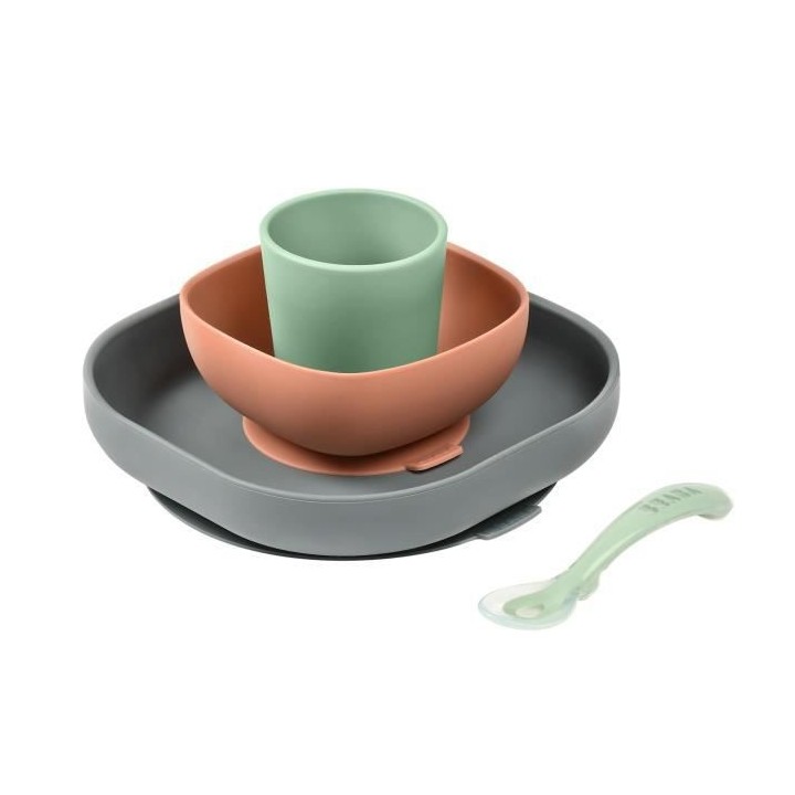 BEABA, Coffret repas bébé, silicone, 4 pieces, mineral
