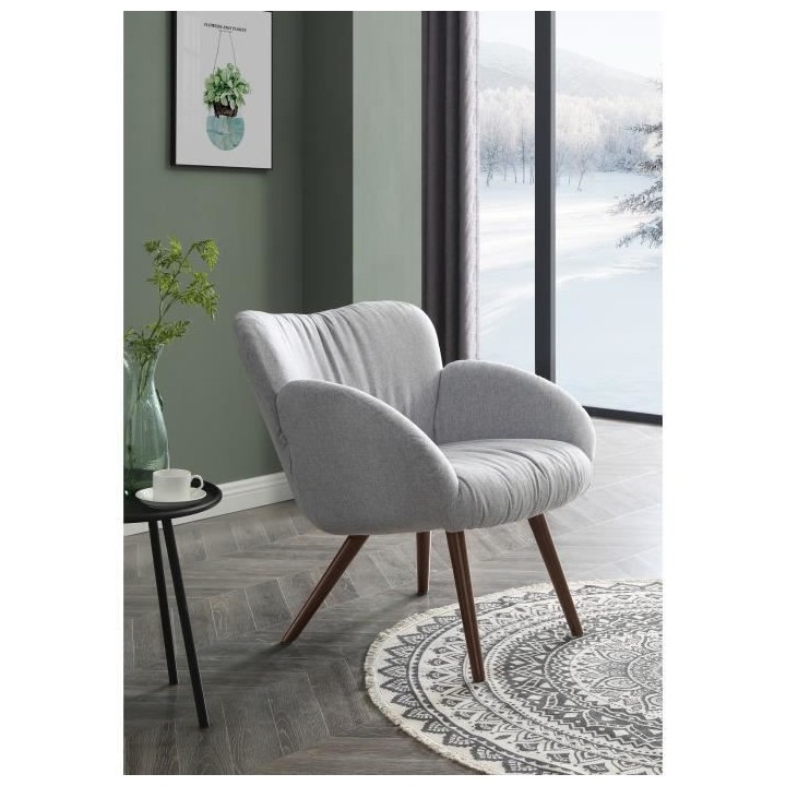 Fauteuil - Pieds bois - Tissu gris - L 50 x P 72 x H 85 cm- LANCASTER