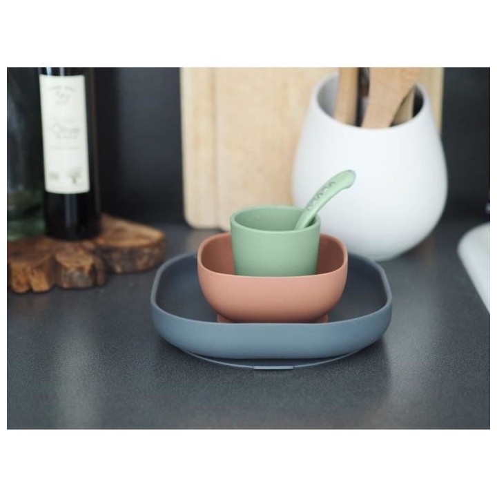 BEABA, Coffret repas bébé, silicone, 4 pieces, mineral