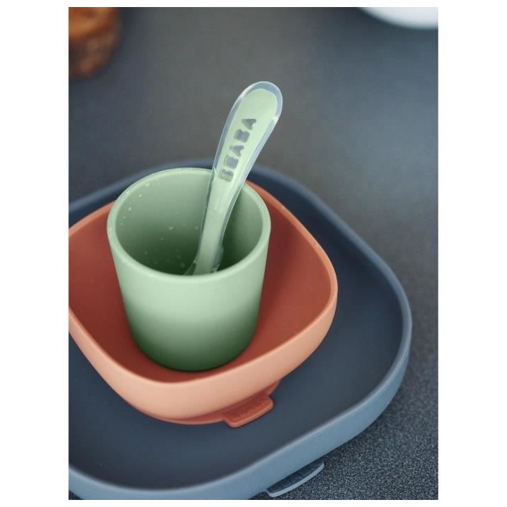 BEABA, Coffret repas bébé, silicone, 4 pieces, mineral