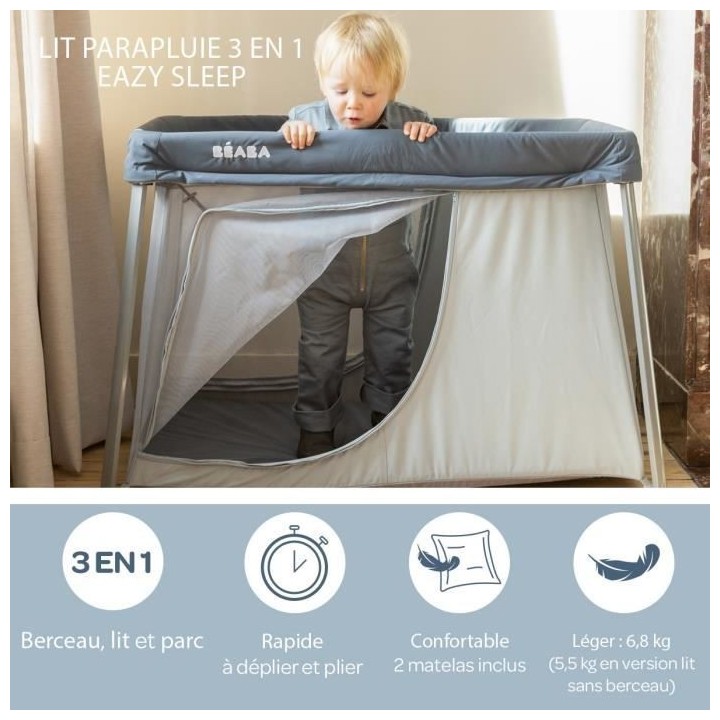 BEABA, Lit parapluie 3 en 1, eazy sleep, gris minéral
