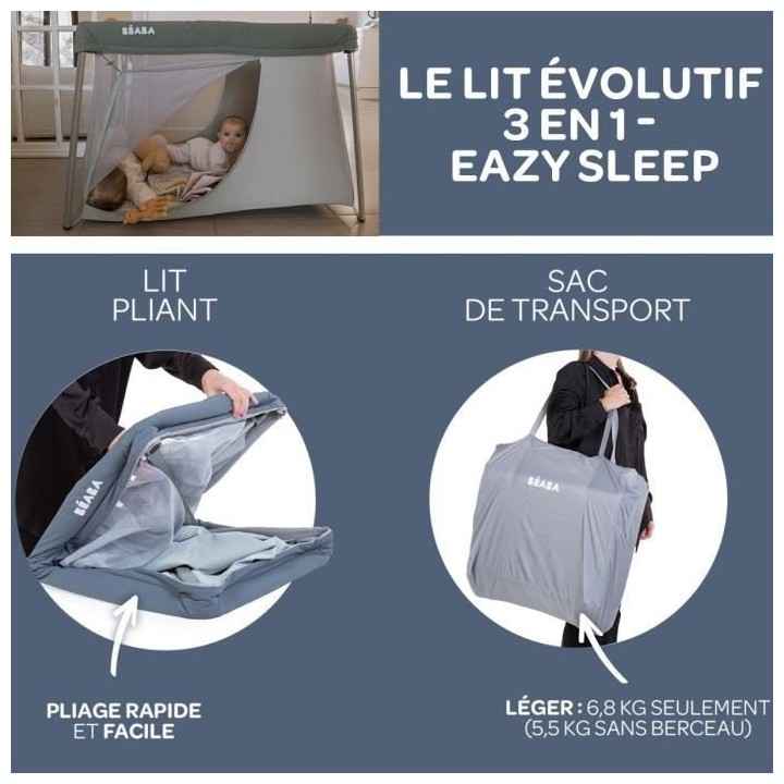 BEABA, Lit parapluie 3 en 1, eazy sleep, gris minéral