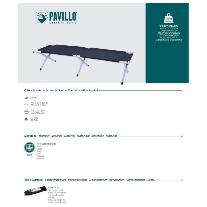 Pavillo Lit de camping Fold 'N Rest Noir