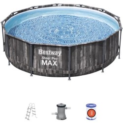 BESTWAY Piscine hors sol SteelPro Max ronde Décor bois, 366 x 100 cm, filtre a cartouche, échelle, diffuseur Chemconnect