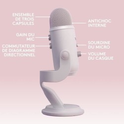 Microphone USB - Blue Yeti Premium - Pour Enregistrement, Streaming, Gaming, Podcast sur PC ou Mac - Blanc White Mist