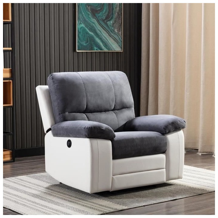 Fauteuil relax électrique - Tissu gris et simili blanc - DUSTIN