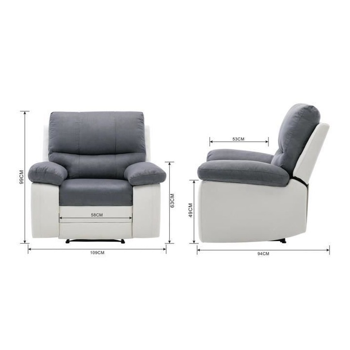 Fauteuil relax électrique - Tissu gris et simili blanc - DUSTIN