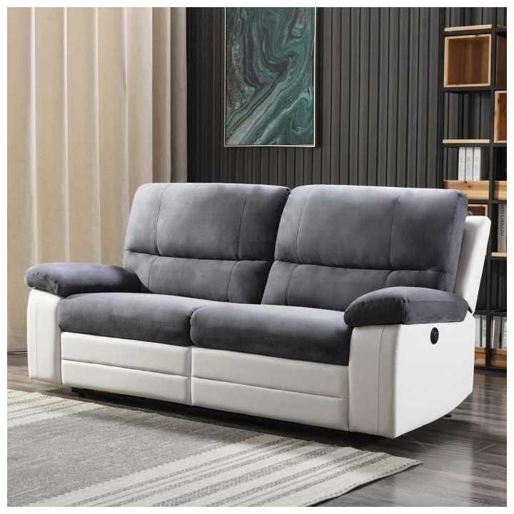 Canapé rela 3 places dont 2 relax électrique - Tissu gris et simili