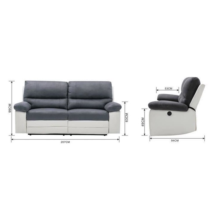 Canapé rela 3 places dont 2 relax électrique - Tissu gris et simili