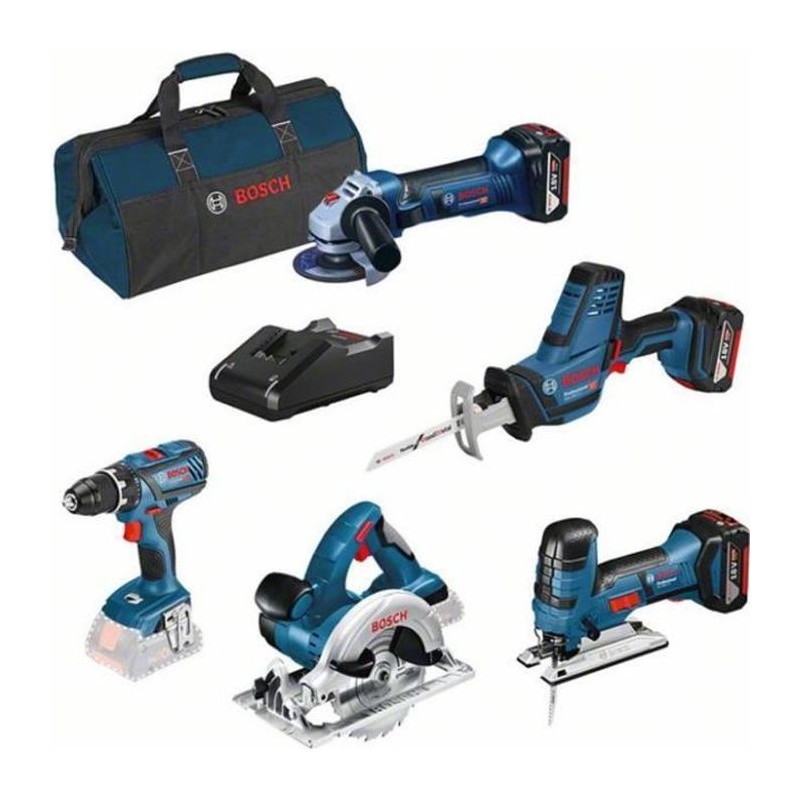 Kits Bosch Professional 5 outils : Perceuse + Scie sauteuse + Meuleuse + Scie circulaire + Scie sabre + 3xbatterie