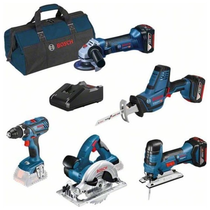 Kits Bosch Professional 5 outils : Perceuse + Scie sauteuse + Meuleuse