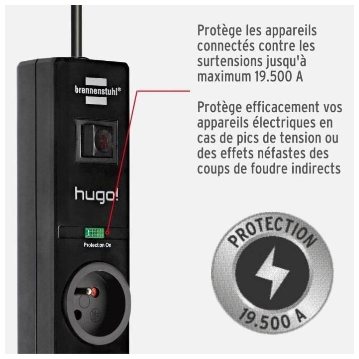 Brennenstuhl Multiprise hugo! Noire - 3 prises + 2 prises USB - avec p