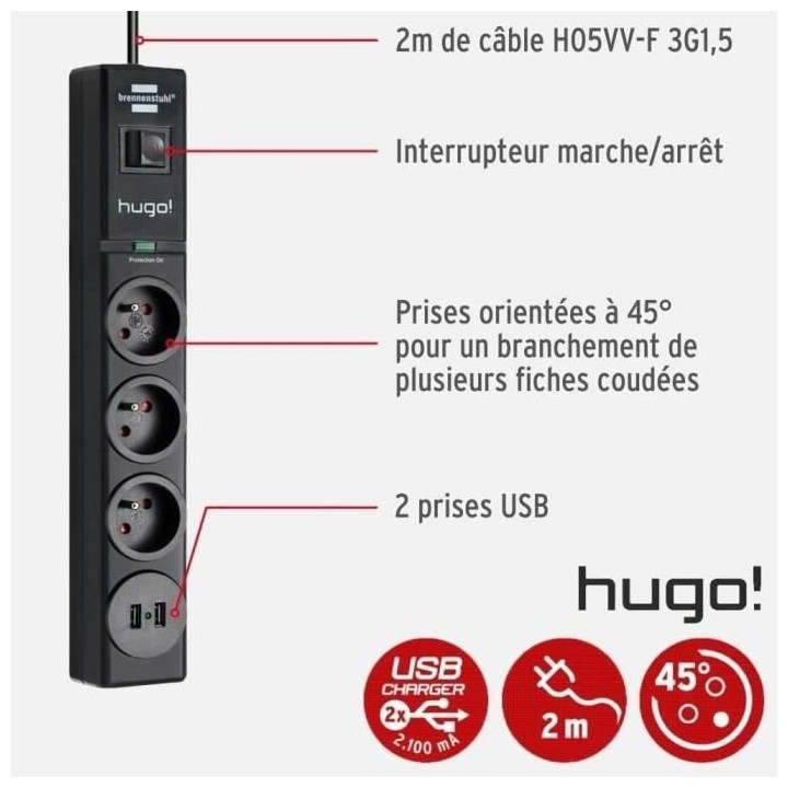 Brennenstuhl Multiprise hugo! Noire - 3 prises + 2 prises USB - avec p