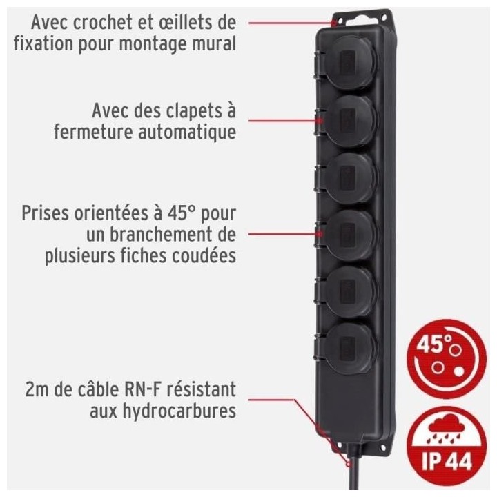 BRENNENSTUHL Bloc multiprise socle 6 prises IP44 avec volets 2m