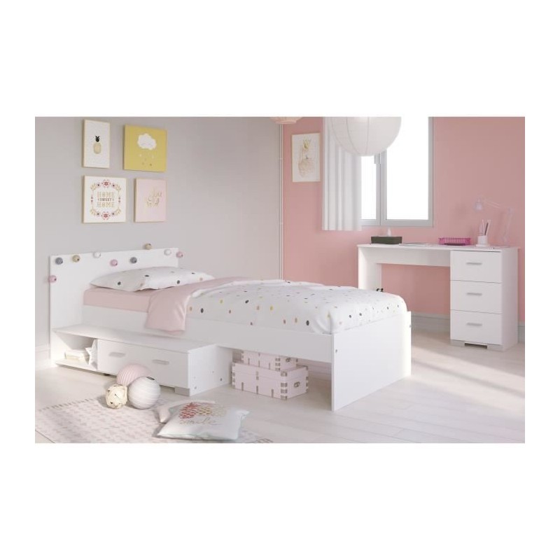 PARISOT Chambre enfant complete 2 pieces - Lit + bureau - Style essentiel - Décor blanc - COSMOS