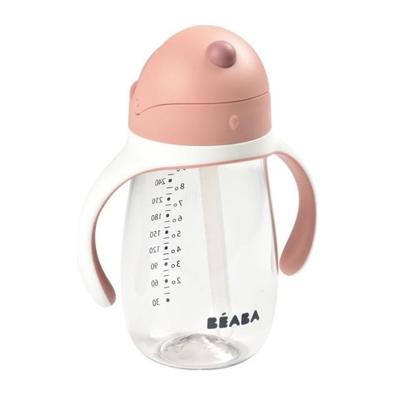 BEABA, Biberon/Tasse d'apprentissage 2 en 1, Tasse Paille Enfant, 100% étanche, Anti-fuite, 300 ml - old pink