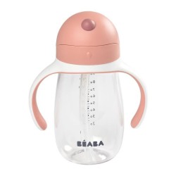 BEABA, Biberon/Tasse d'apprentissage 2 en 1, Tasse Paille Enfant, 100% étanche, Anti-fuite, 300 ml - old pink