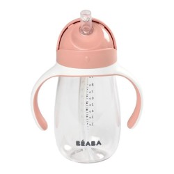 BEABA, Biberon/Tasse d'apprentissage 2 en 1, Tasse Paille Enfant, 100% étanche, Anti-fuite, 300 ml - old pink