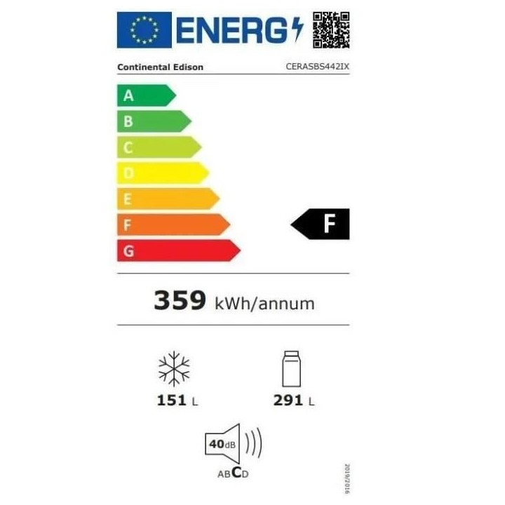 Réfrigérateur CONTINENTAL EDISON - CERASBS442IX - side by side - 442