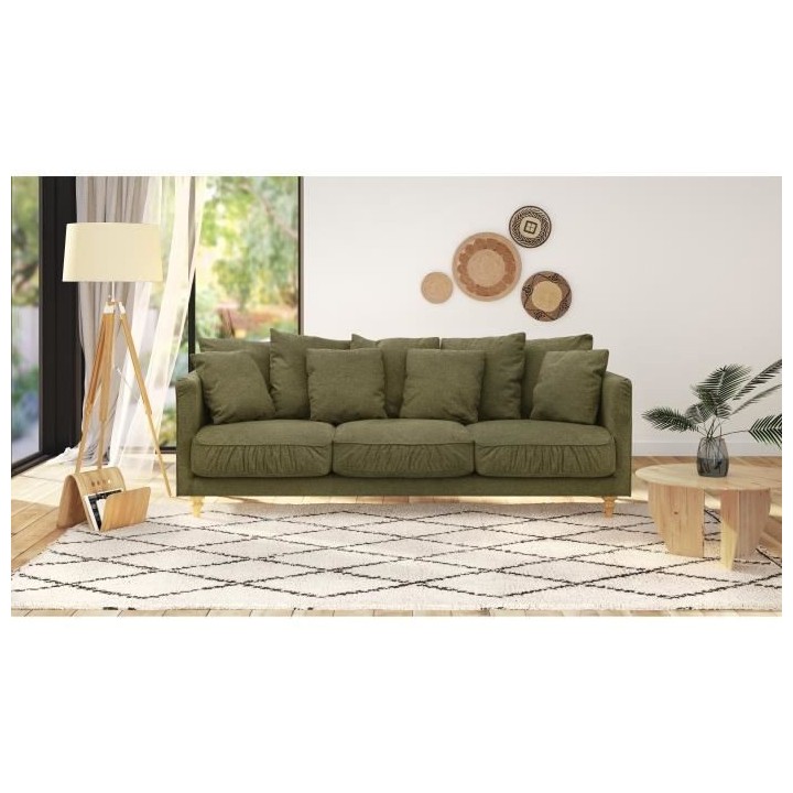 Canapé fixe 4 places CONSTANCE - Tissu vert - Pied en bois massif - L