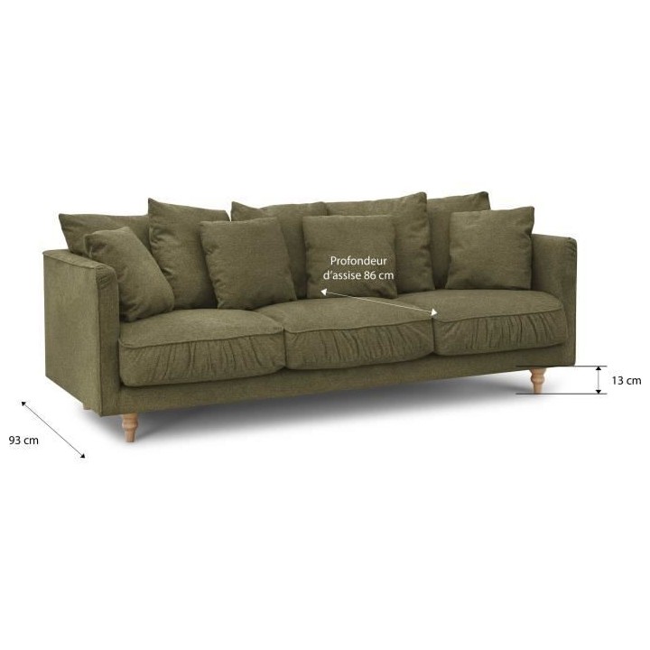 Canapé fixe 4 places CONSTANCE - Tissu vert - Pied en bois massif - L