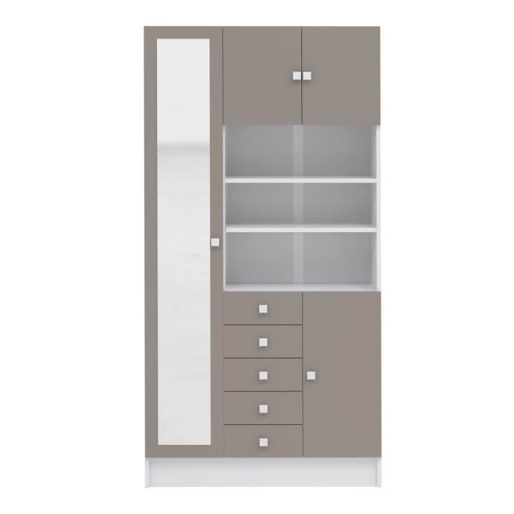 Armoire COMBI - Blanc et Taupe - 4 portes et 5 tiroirs - Miroir - L 90