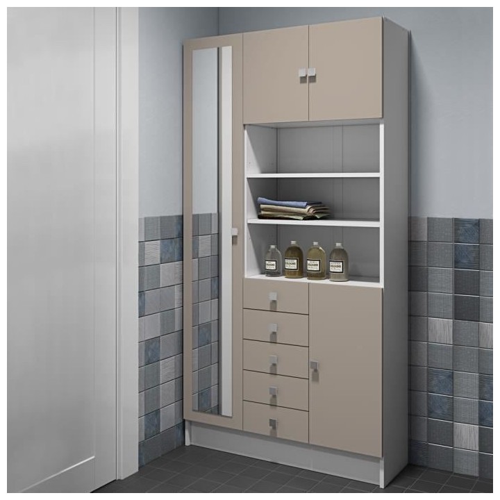 Armoire COMBI - Blanc et Taupe - 4 portes et 5 tiroirs - Miroir - L 90