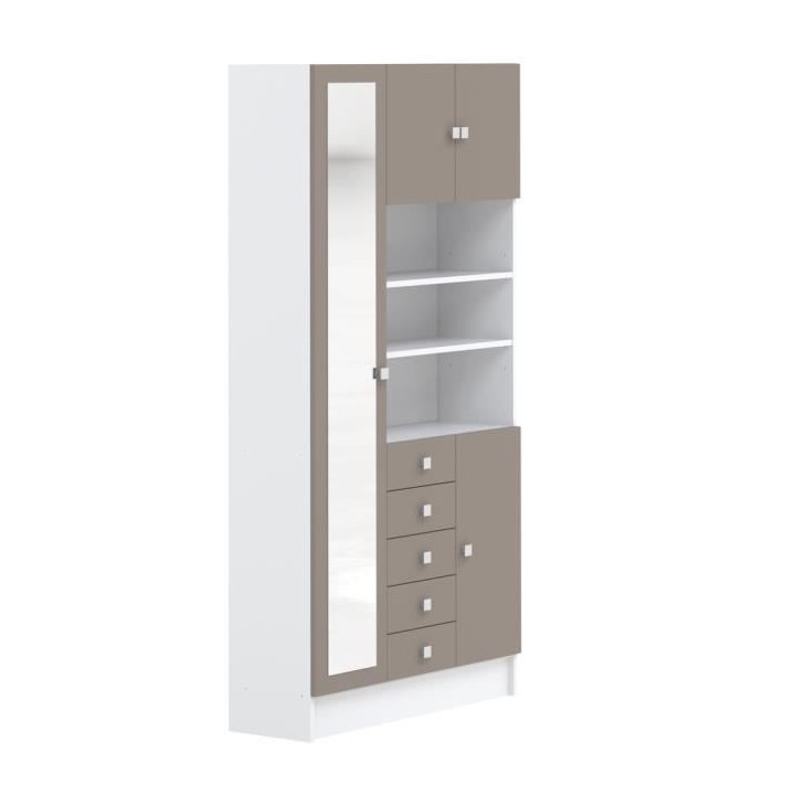 Armoire COMBI - Blanc et Taupe - 4 portes et 5 tiroirs - Miroir - L 90