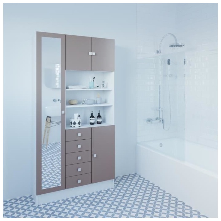 Armoire COMBI - Blanc et Taupe - 4 portes et 5 tiroirs - Miroir - L 90