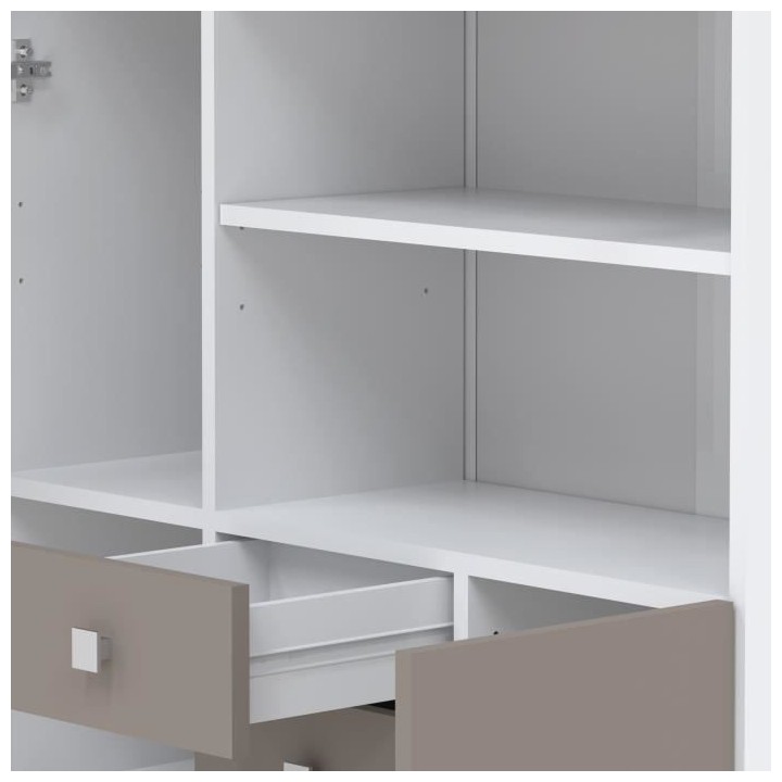 Armoire COMBI - Blanc et Taupe - 4 portes et 5 tiroirs - Miroir - L 90