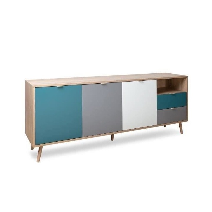 Buffet bas - Décor chene sonoma et blanc - Style scandinave - 3 porte