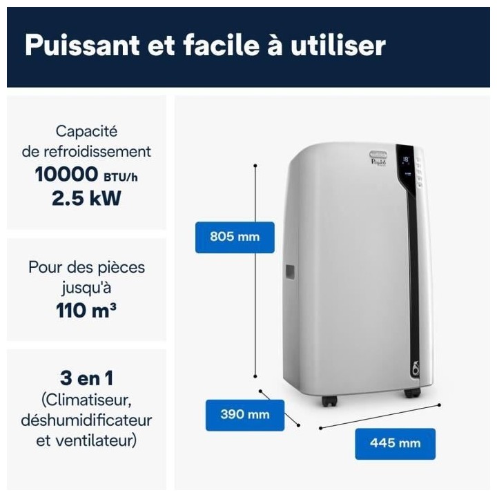 DELONGHI Climatiseur mobile - PAC EX100 SILENT - 2500W - 10000BTU/h -