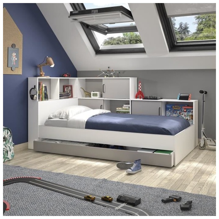 DIAGONE Erwan Lit enfant avec rangements - Décor blanc et gris- 90 x
