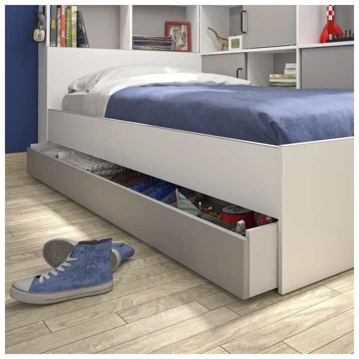 DIAGONE Erwan Lit enfant avec rangements - Décor blanc et gris- 90 x