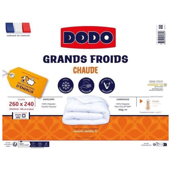 Couette tres chaude 450gr/m² Grands Froids - 240 x 260 cm - 100% Poly