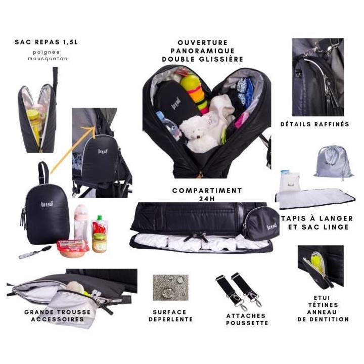 Baby on board - sac a langer - Doudoune Bag noir- sac 24h ouatiné et