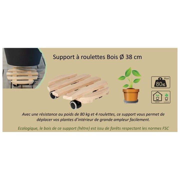 EDA Support a roulettes Ø 38 cm en Bois - 4 roulettes - 38 x 38 x H.8