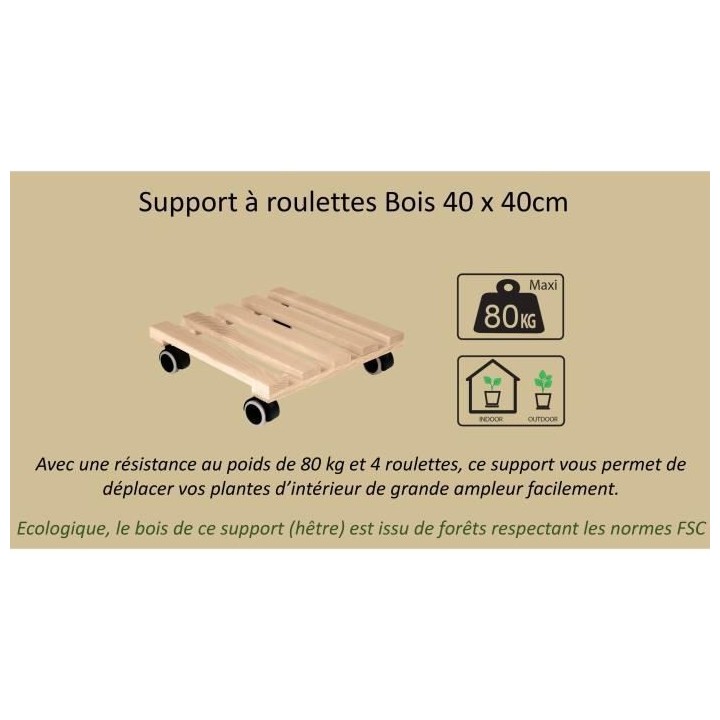 EDA Support a roulettes carré 40 x 40 cm en Bois - 4 roulettes - 40 x