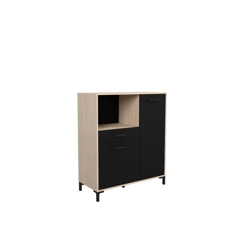 Buffet Cuisine Factory - Décor chene et noir - 2 portes + 1 tiroir - L 100 x P 43,3 x H 116 cm