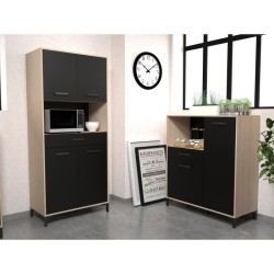 Buffet Cuisine Factory - Décor chene et noir - 2 portes + 1 tiroir - L 100 x P 43,3 x H 116 cm