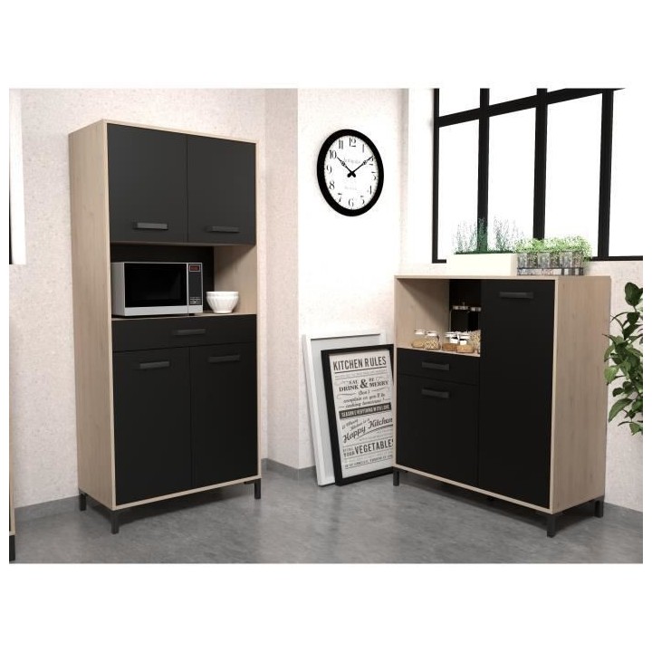 Buffet Cuisine Factory - Décor chene et noir - 2 portes + 1 tiroir -