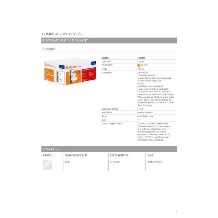 VILLEROY & BOCH - Pack WC O.novo suspendu sans bride - Céramique - av