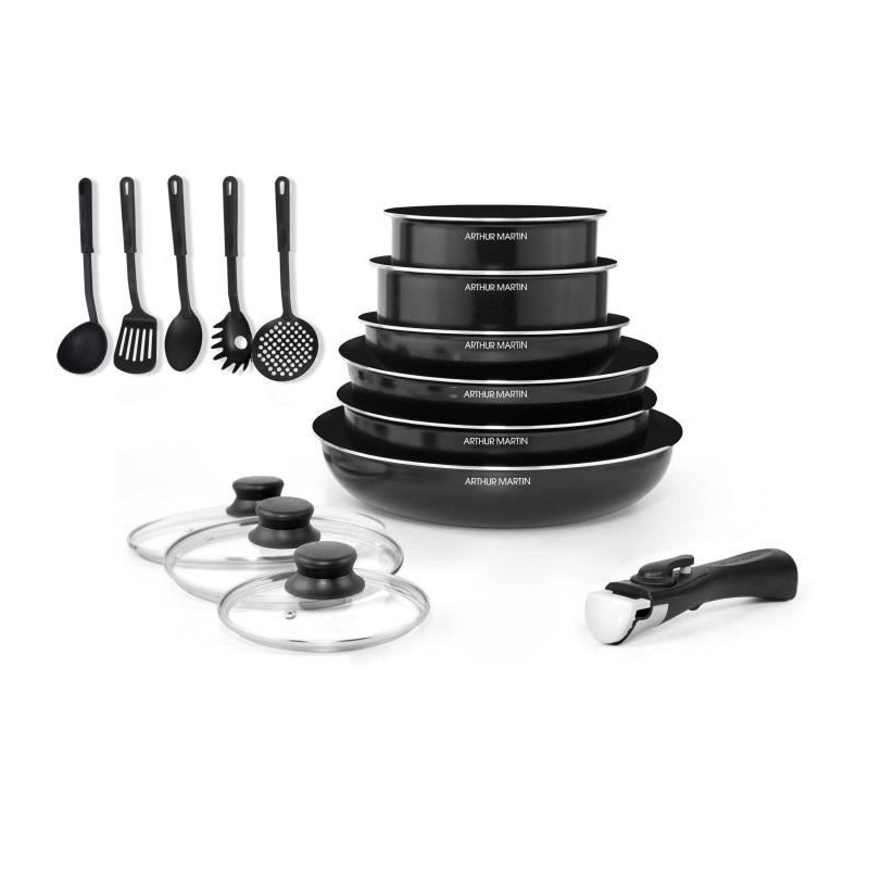 ARTHUR MARTIN Batterie de cuisine amovible 15 pieces 16-20-22-24-26 cm noir - Tous feux dont induction