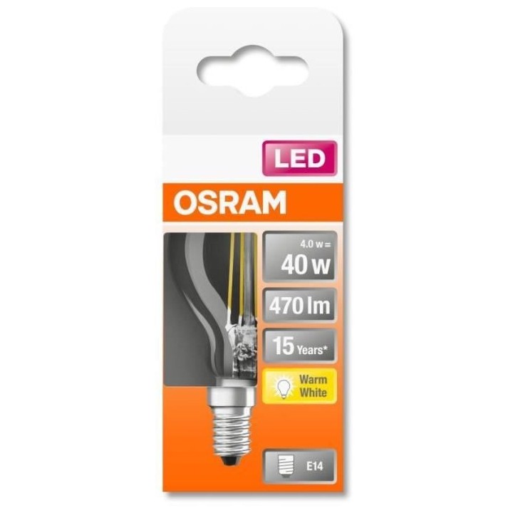 OSRAM Ampoule LED Sphérique clair filament 4W 40 E14 chaud