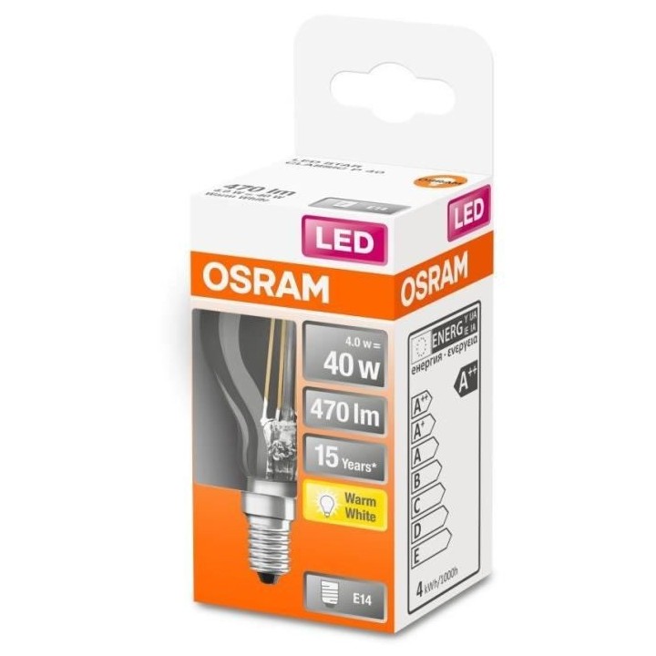 OSRAM Ampoule LED Sphérique clair filament 4W 40 E14 chaud