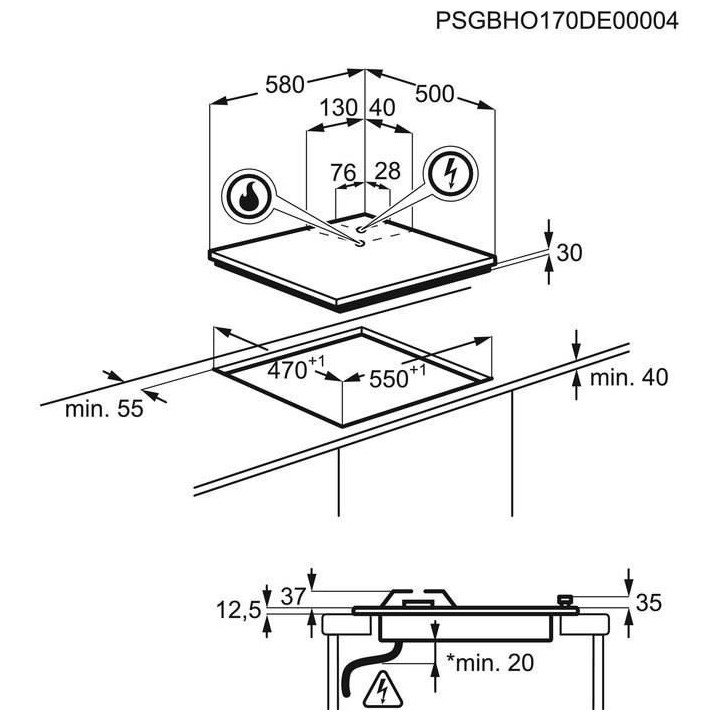 FAURE FGM64300B - Table de cuisson mixte gaz / électrique - 4 zones -