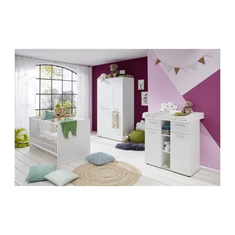 Chambre bébé Trio : Lit 70 x 140 cm + Commode a langer + Armoire CLEVER - Blanc - TREND TEAM