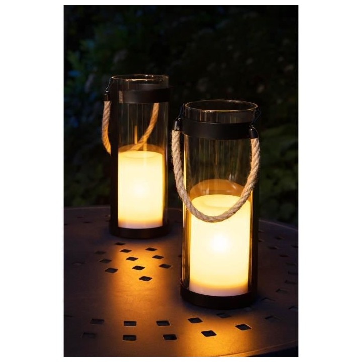Lanterne solaire Métal Verre Corde effet bougie