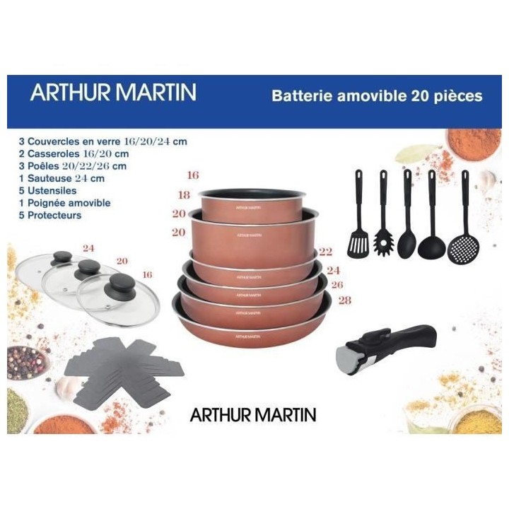 Batterie de cuisine 20 pieces Arthur Martin - aluminium - poignée amo