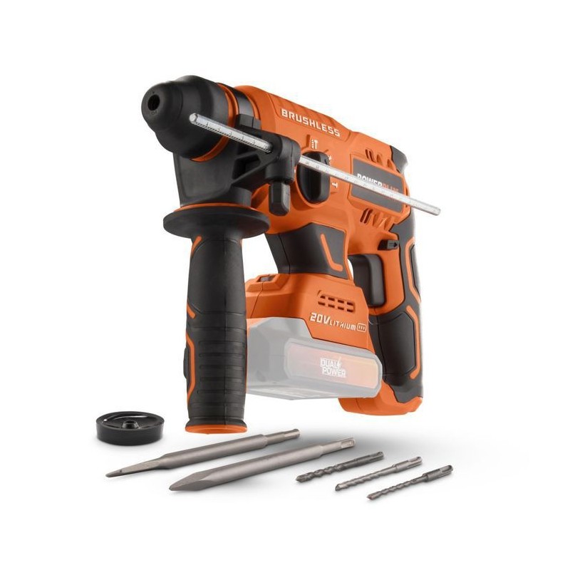 Marteau perforateur sans fil 20V 3J SDS-Plus BRUSHLESS + 5 accessoires - DUAL POWER POWDP15630 - Livré sans batterie ni chargeu